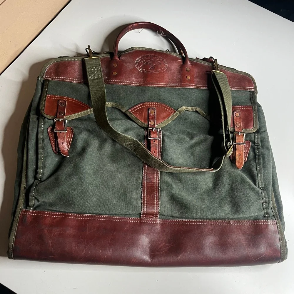 Orvis Garment Bag Vintage Canvas Leather Trim Olive Green Brown Travel Suit Bag